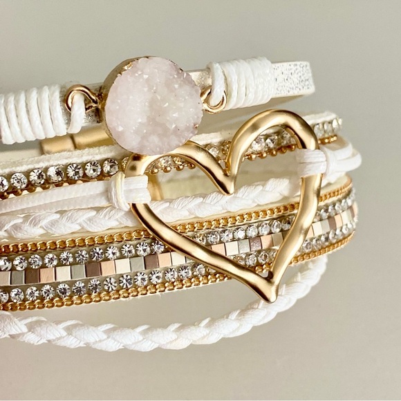 Elegant Gold and White Heart Rhinestone Stack Bracelet - Picture 2 of 4